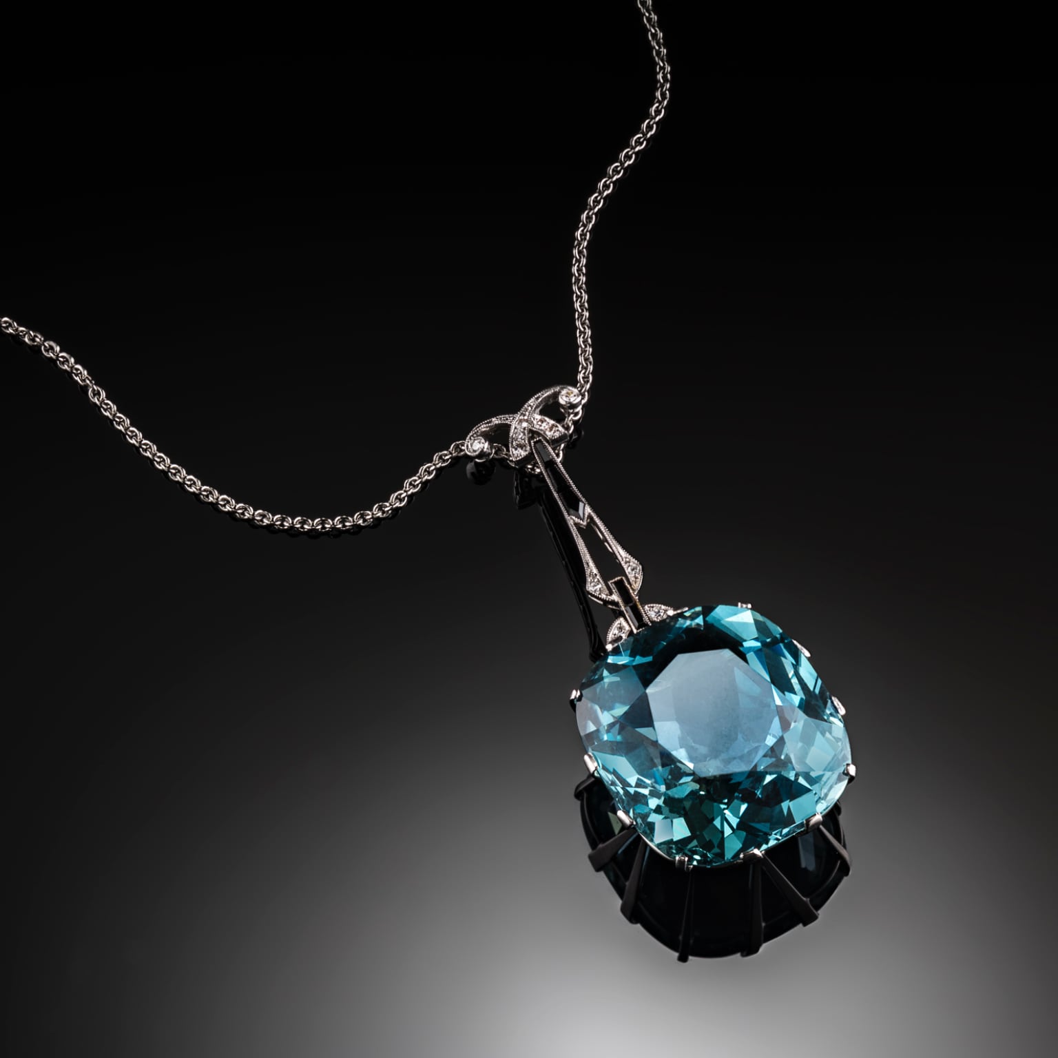 ART DECO 42 CT SEA GREEN AQUAMARINE PLATINUM DIAMOND AND ONYX PENDANT