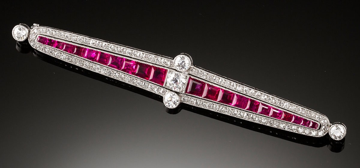 Art Deco Ruby diamond and platinum brooch