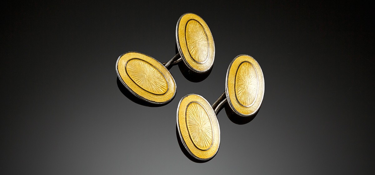 Art Deco double oval cuff links of yellow enamel and silver