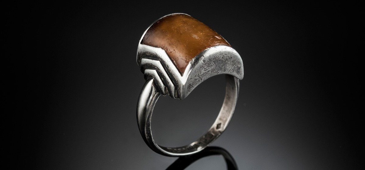 A French Art Deco silver and amber ring by Christian Fjerdingstad for Christofle