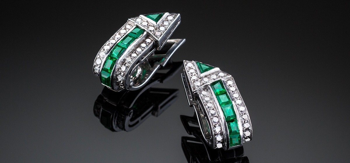 Art Deco emerald diamond and platinum ear clips with posts