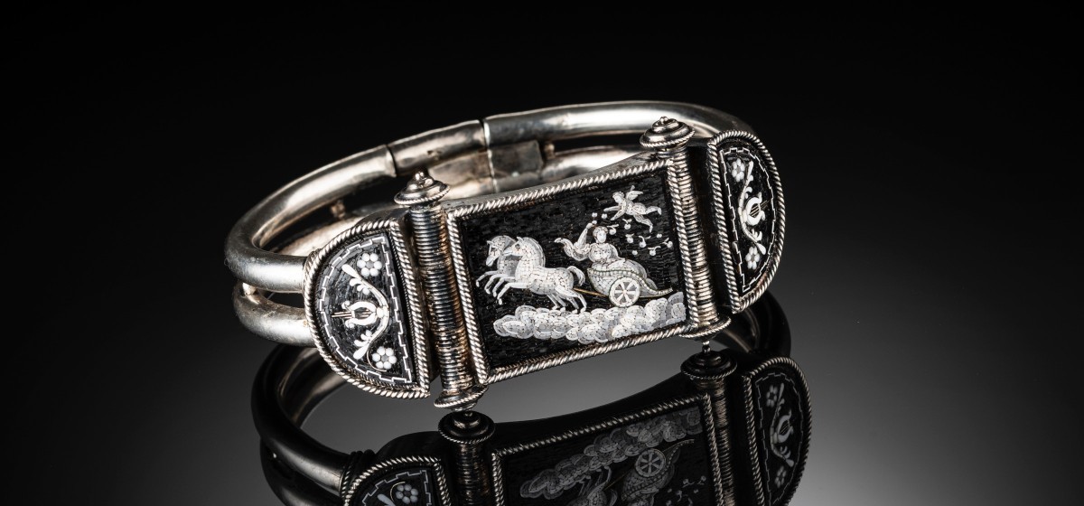 Antique black and white very fine micro mosaic and silver bracelet