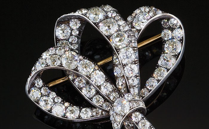 Large antique diamond triple loop ribbon bow brooch