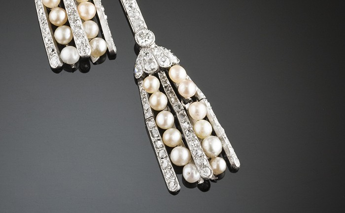 Large Belle Epoque diamond and natural pearl brooch / pendant