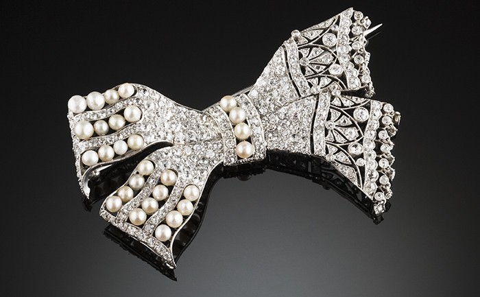 Large Belle Epoque diamond and natural pearl brooch / pendant