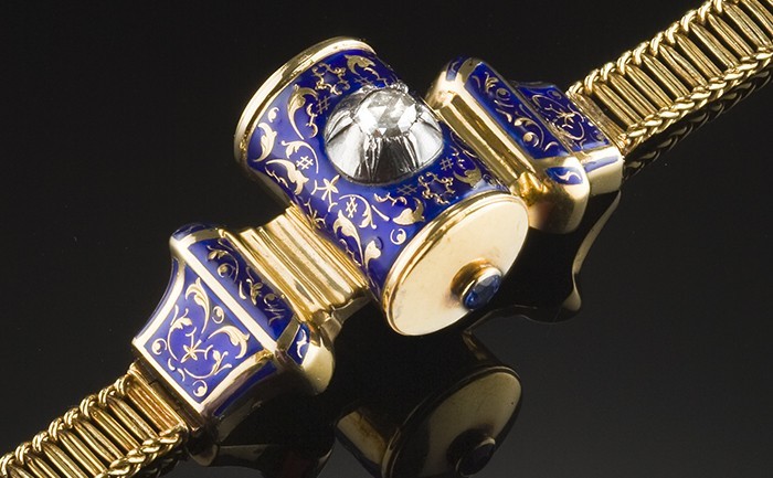 Detail of an antique gold and rich blue enamel bracelet