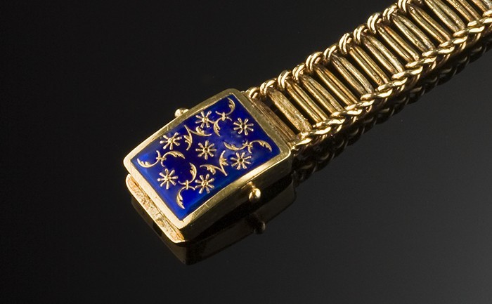 Detail of an antique gold and rich blue enamel bracelet