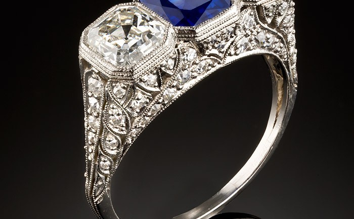 Art Deco Sapphire and old Asscher cut diamond ring