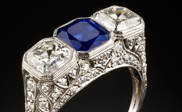 Art Deco Sapphire and old Asscher cut diamond ring