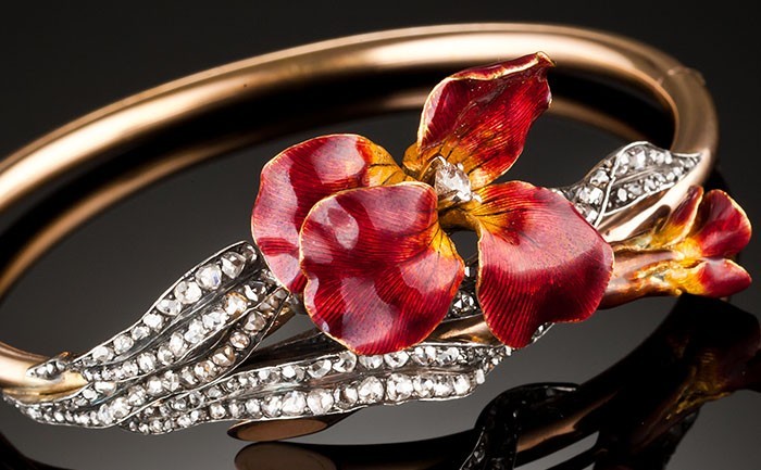 Antique French enamel pansy and rose cut diamond leaves bangle