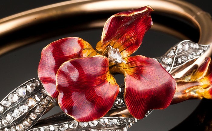 Antique French enamel pansy and rose cut diamond leaves bangle