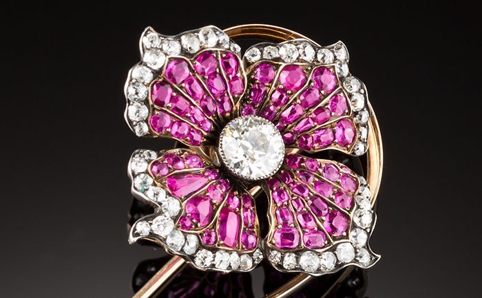 An Early Twentieth Century Ruby and Diamond Flower Brooch