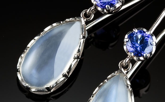 Contemporary handcrafted moonstone and tanzanite pendant earrings
