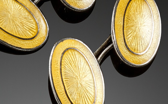 Art Deco double oval cuff links of yellow enamel and silver
