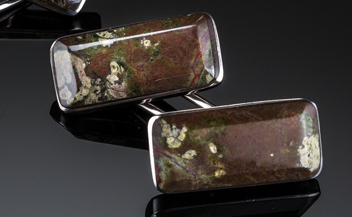 Detail of a fine Vintage pair of jasper and silver cuff links