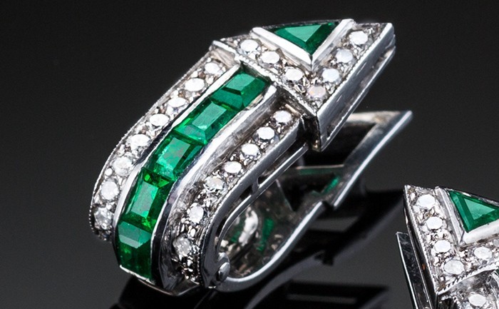 Detail of Art Deco emerald diamond and platinum ear clips with posts