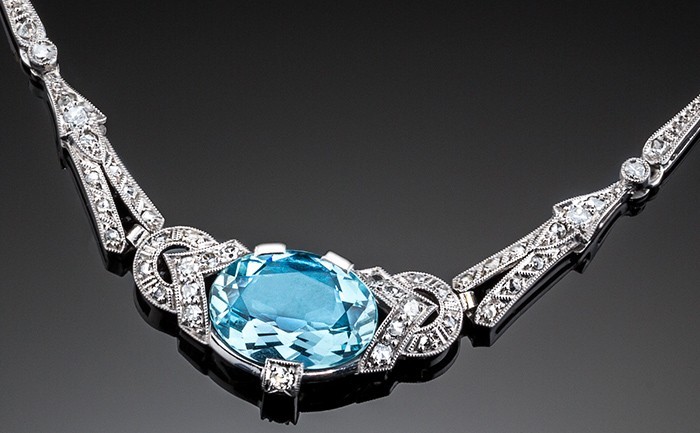 Detail of an Art Deco aquamarine and diamond necklet set in white gold