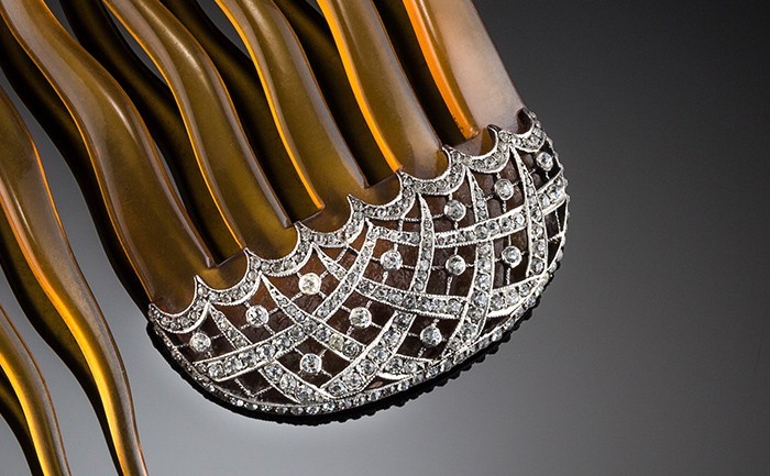 Detail of Antique hair combs of paste, silver and faux amber celluloid