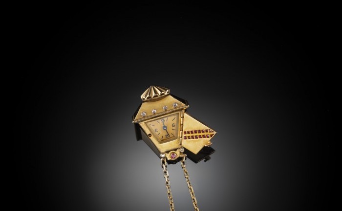 FRENCH RUBY, DIAMOND AND GOLD NOVELTY RETRO LAPEL OR PENDANT WATCH