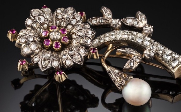 Antique en tremblant diamond, ruby and pearl flower brooch