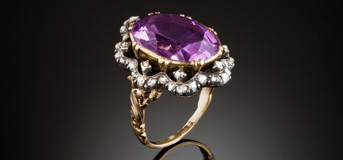 A large antique amethyst and diamond ring