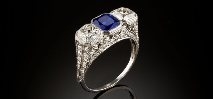 Art Deco Sapphire and old Asscher cut diamond ring