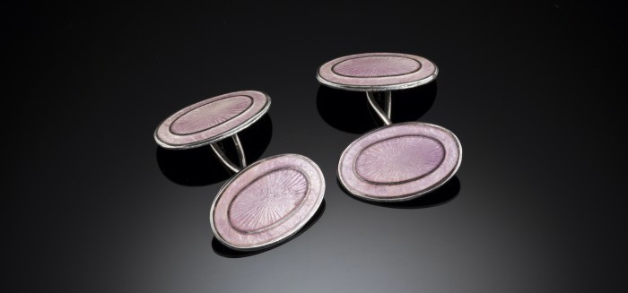 ART DECO PALE PINK GUILLOCHE ENAMEL AND SILVER OVAL CUFFLINKS
