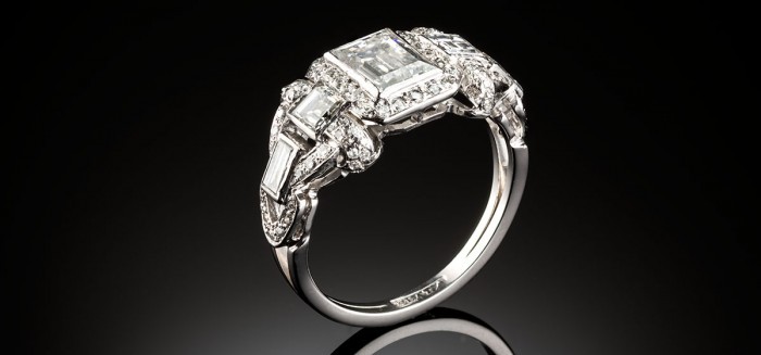 A late Art Deco platinum and rectangular cut diamond ring, circa 1938