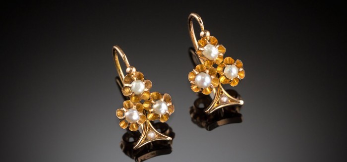 Antique petite yellow gold and pearl triple flower earrings