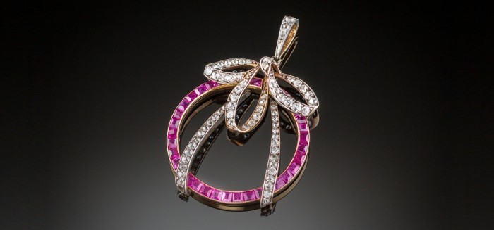 A Belle Epoque ruby and diamond pendant in silver and gold