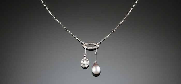 A Belle Epoque  diamond, natural pearl and platinum lavaliere necklace