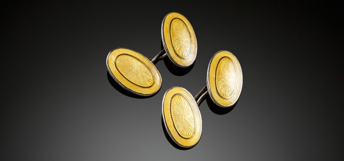 Art Deco double oval cuff links of yellow enamel and silver