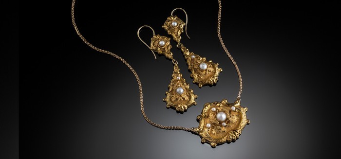 Antique Rococo style gold and pearl demi parure