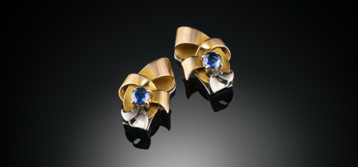 RETRO TWO COLOUR GOLD AND FACETED SAPPHIRE RIBBON CLIP EARRINGS