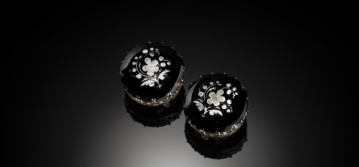  ANTIQUE BLACK ENAMEL AND INLAID SILVER EARRINGS