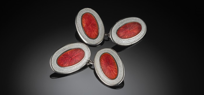 ART DECO SIVER AND RED AND WHITE OVAL ENAMEL CUFFLINKS