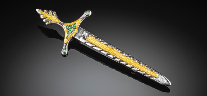 ART DECO SILVER ENAMELLED SWORD BROOCH
