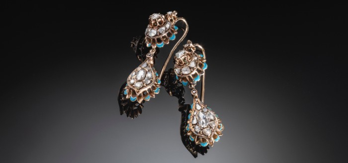 ANTIQUE GOLD EAR PENDANTS WITH ROSE CUT DIAMONDS AND TURQUOISE ENAMEL 