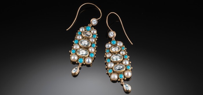 Antique Articulated Pendant Earrings With Aquamarines , Turquoise And Pearls Set In Yellow Gold