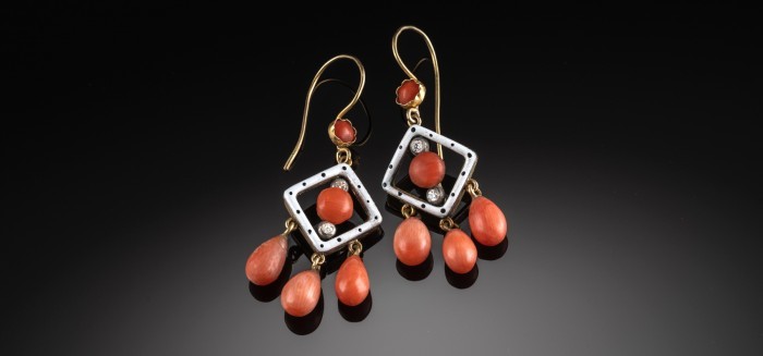 French Victorian Etruscan Revival Coral and 18k Gold Dangle Antique Earrings