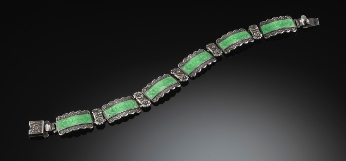 ART DECO GREEN ENAMEL AND SILVER PLAQUE BRACELET