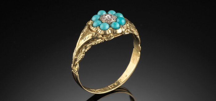 ANTIQUE FORGET- ME- NOT RING OF 18CT YELLOW GOLD, DIAMOND AND TURQUOISE