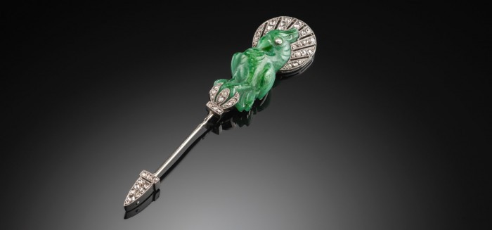 FRENCH ART DECO PARROT JABOT PIN, CARVED GREEN PATE DE VERRE. OLD CUT DIAMONDS.