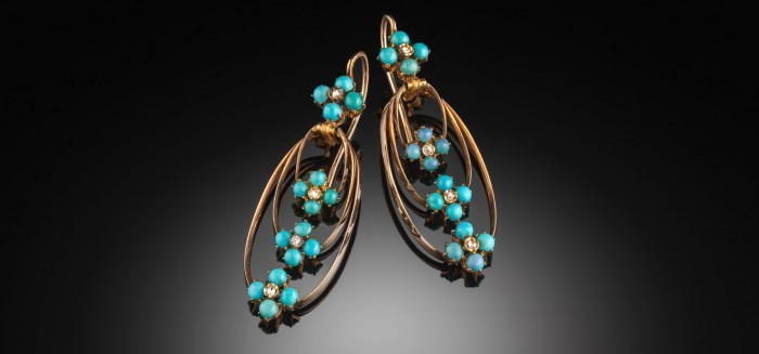 FRENCH ANTIQUE 18 CT ROSE GOLD TURQUOISE AND DIAMOND DROP EARRINGS