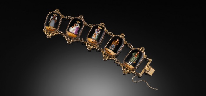 ANTIQUE GILT METAL AND SWISS ENAMEL PLAQUE BRACELET
