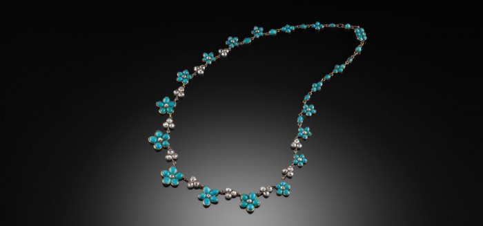 ANTIQUE TURQUOISE DIAMOND GOLD AND SILVER FORGET-ME-NOT NECKLACE