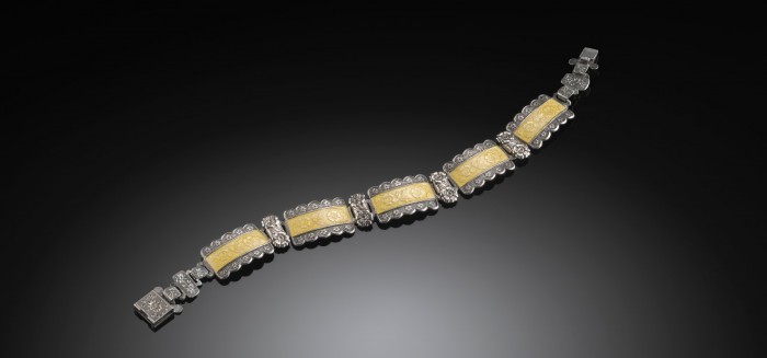 ART DECO YELLOW ENAMEL AND STERLING SILVER PLAQUE BRACELET