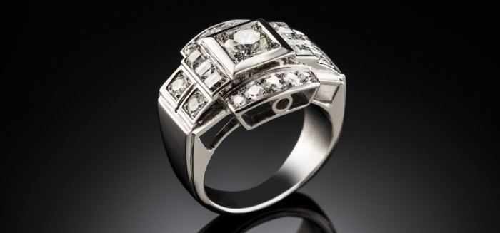 Art deco french large platinum set diamond ring