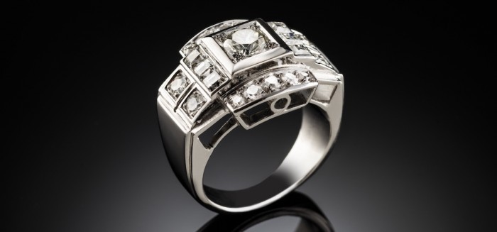  Art deco french large platinum set diamond ring