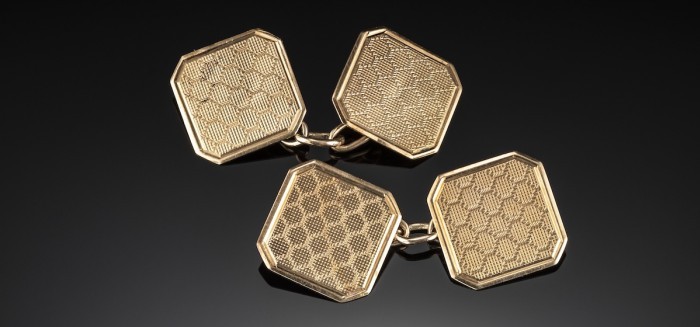 Art deco square engraved gold double face cufflinks